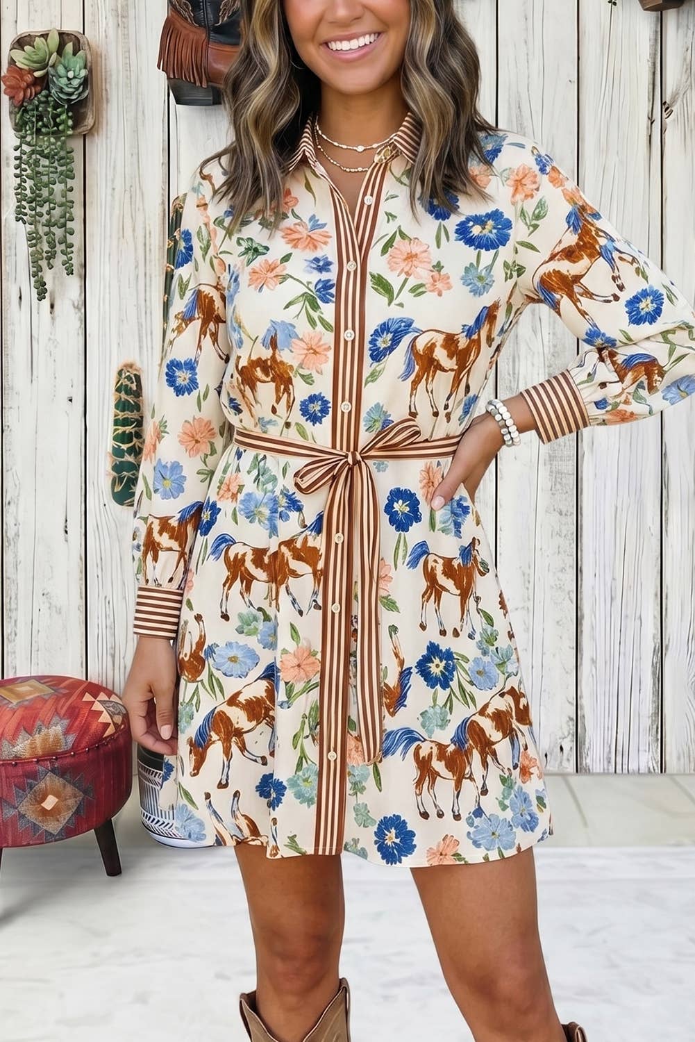 Western Floral Long Sleeve Dress L