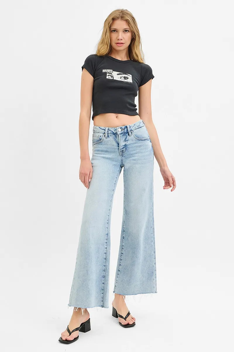 RISEN Full Size Tummy Control Low Rise Wide Leg Raw Cut Hem Jeans Plus Size
