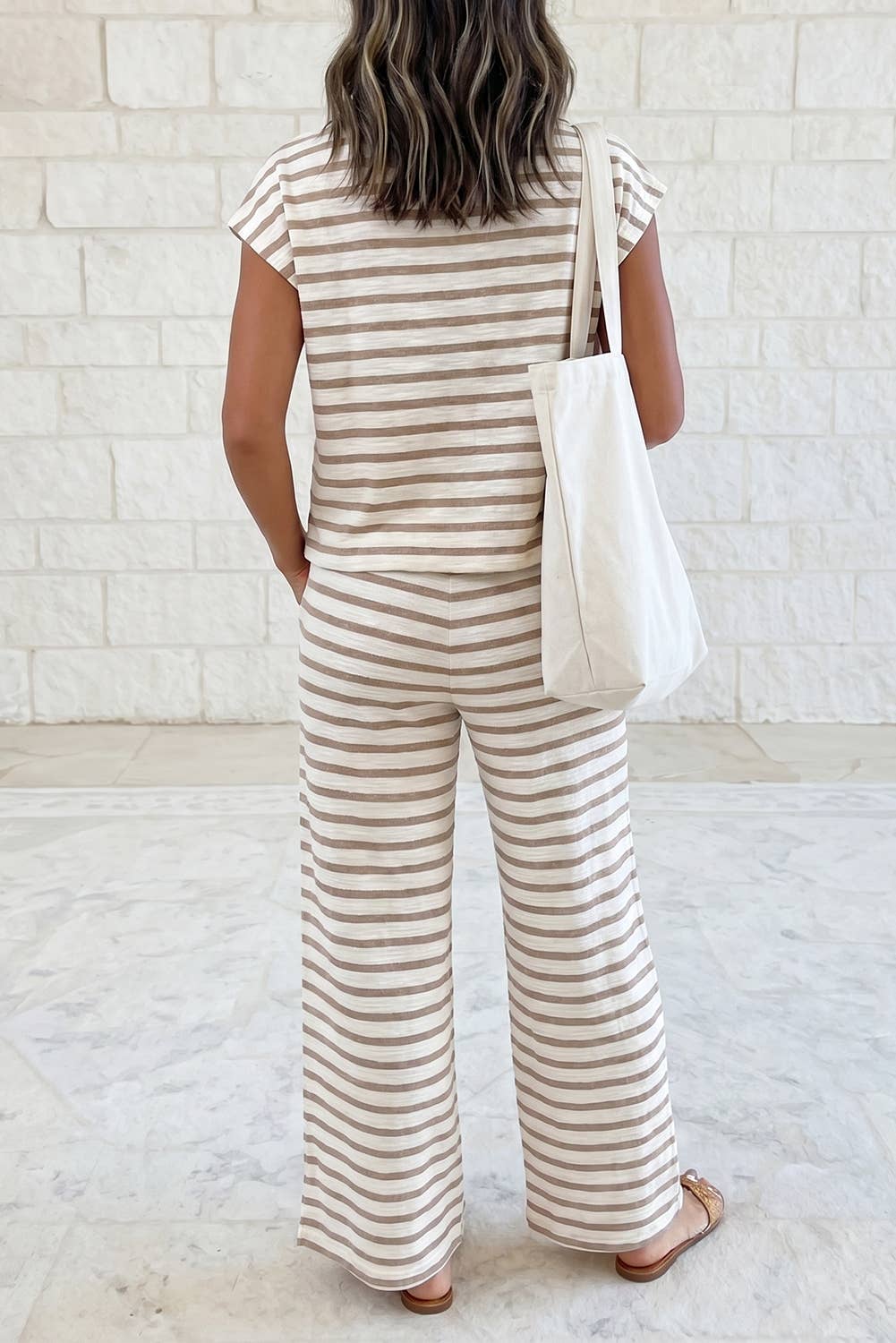 Cap Sleeve Tee and Drawstring Striped pants 2pc Set