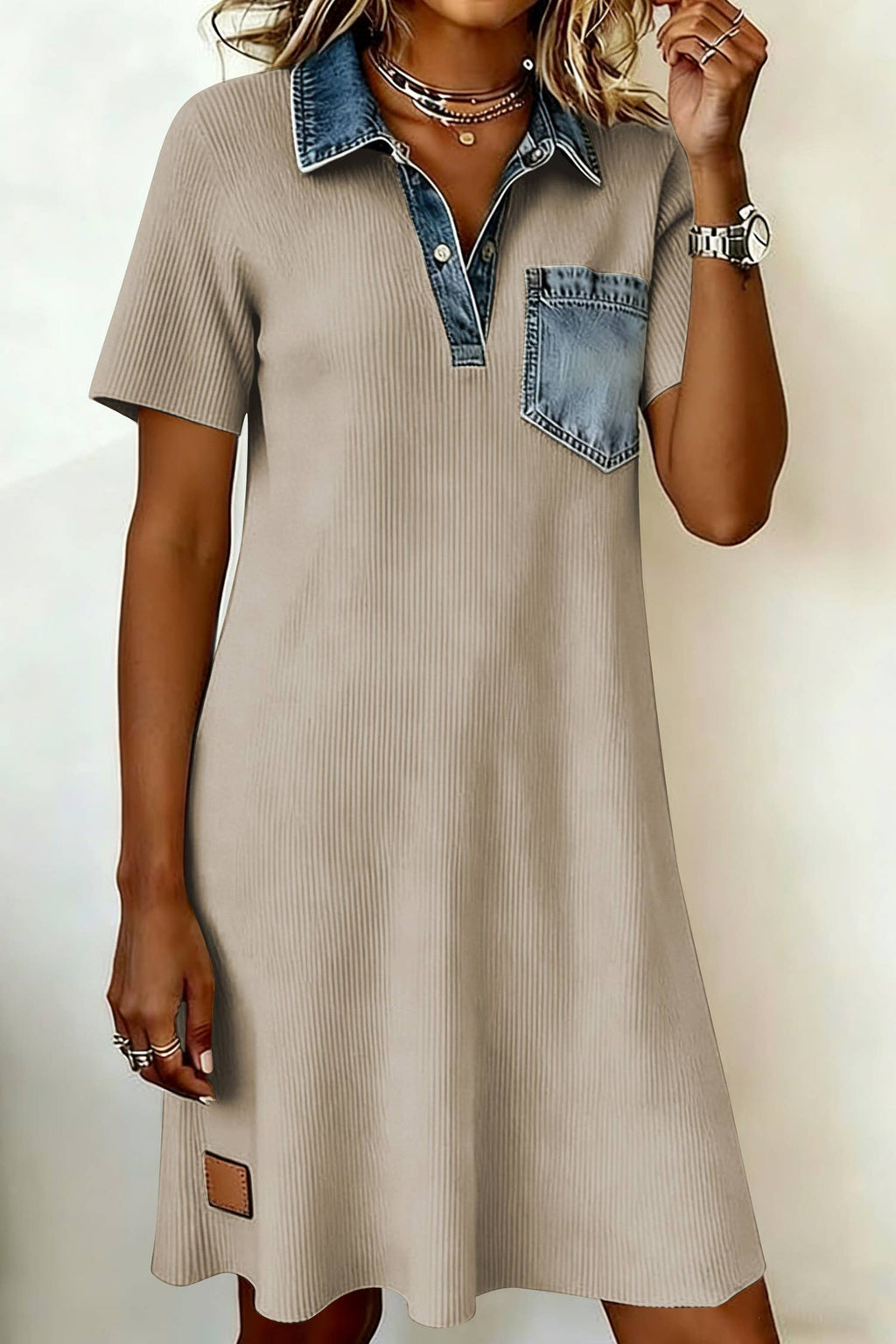 Short Sleeved Knit Dress with Denim Pocket