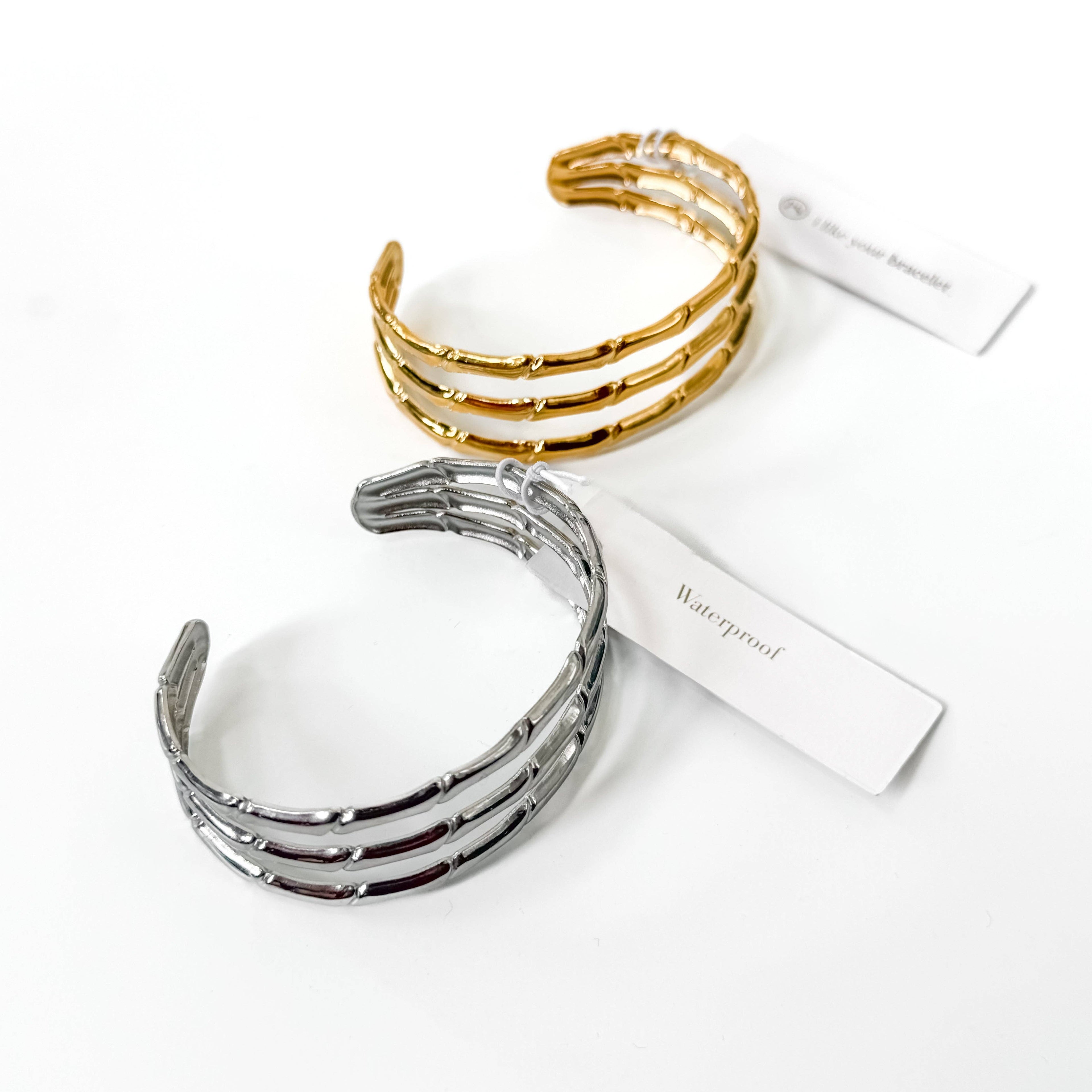 Bamboo Tier Open Bangle Bracelet - WATERPROOF: Gold